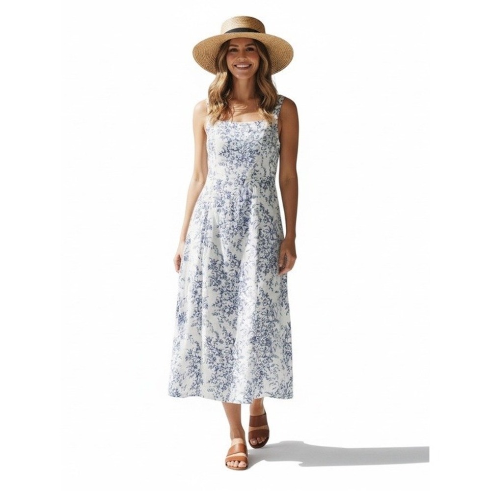 Laura Ashley Fit‎ & Flare Ashley Chinoiserie Midi Sleeveless Dress White Blue 6